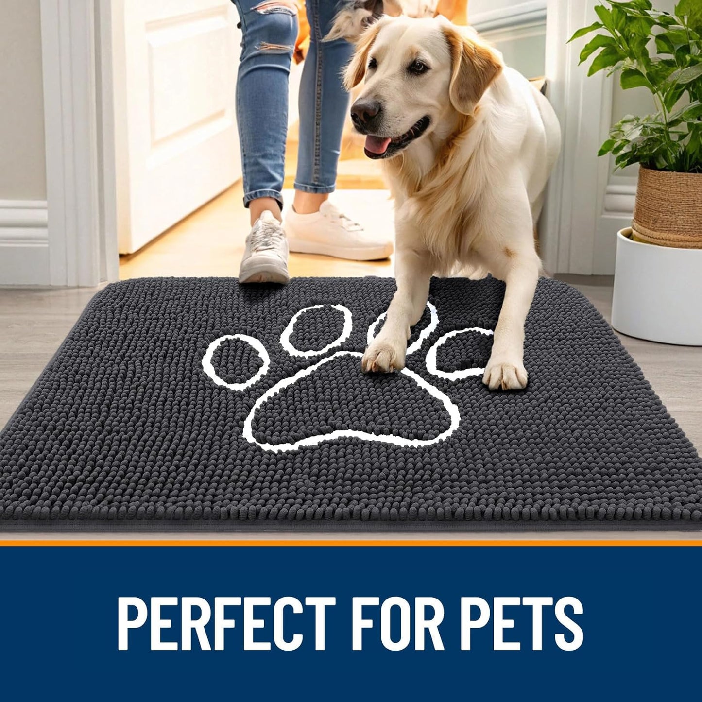 OLANLY Door Mat for Muddy Dog Paws 40x32, Ultra Absorbent Chenille Mud Doormat with Paw Print Design, Non-Slip Washable Doormat for Indoor Entryway, Quick-Dry Pet Bed Mats for Dirty Dogs, Dark Grey
