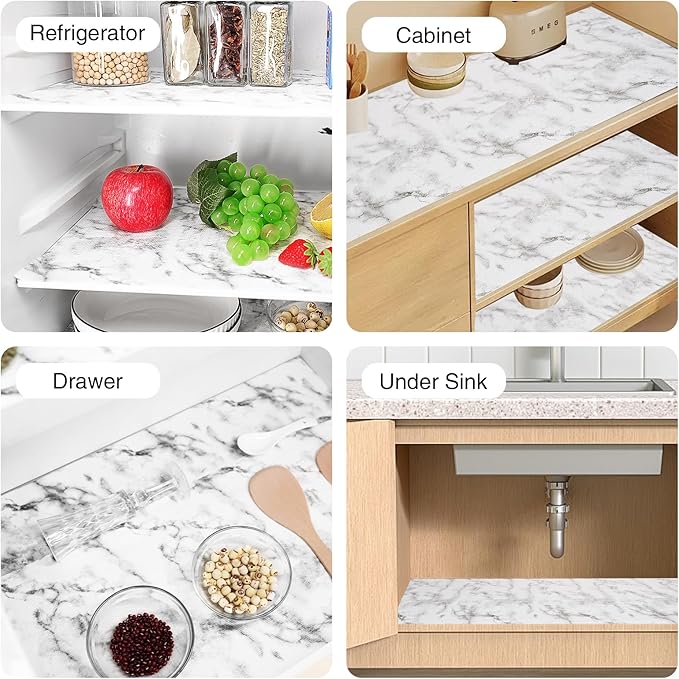 Shelf and Drawer Liner for Kitchen Cabinet-12 in x 30 FT Non-Adhesive Cabinet Liners for Shelves Non-Slip Waterproof Kitchen Drawer Liners Contact Paper Shelf Paper with Knife and Tape Measure