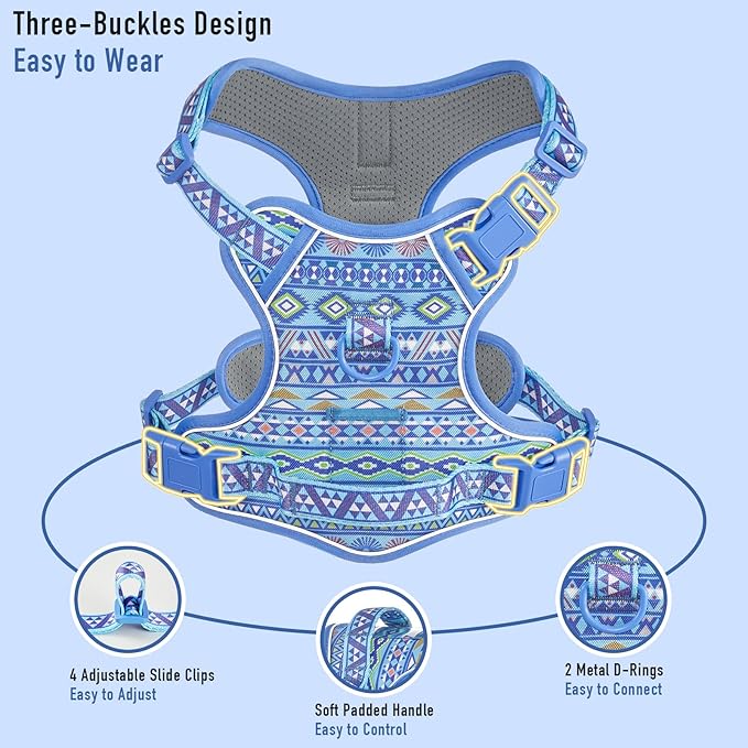 Dog Harness for Large Dogs No Pull Easy Walking Adjustable Pet Harness Reflective Working Training Easy Control Pet Vest Blue Ethnic L