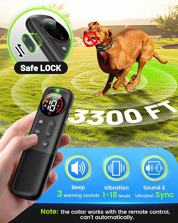 No Shock Dog Training Collar with Remote 3300FT - Vibration and Beep Only, Waterproof Humane Shock Collar for Dogs Bark Control & Obedience Training - Small/Medium/Large Breeds E-Collar (Green)