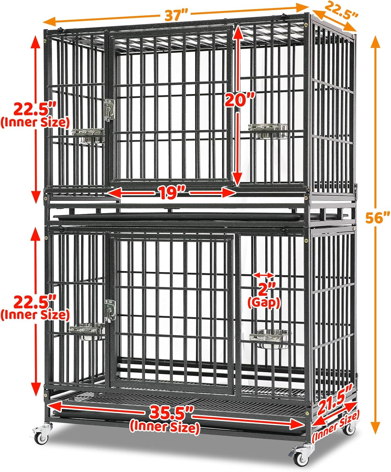 Homey Pet Two Levels 37 Inch Dog Crate, Escape Proof Dog Cage Kennel Indoor with Top Access and Lockable Wheels, Removable Tray, Heavy Duty Dog Crates for Medium/Small Dogs
