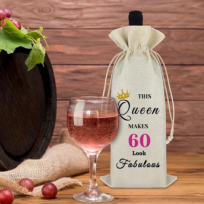 60th Birthday Gift 60 Year Old Birthday Gift for Women Drawstring Wine Bag Turning Sixty Year Old Birthday Gift 60th Milestone Christmas New Year Gift Reusable Wine Wrap Bag for Grandma Mom