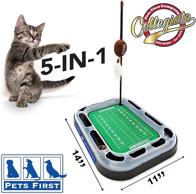 Pets First CAT Scratcher & Plush Football Toy with Catnip, Feather & Jingle Bell Interactive Ball Cat Chasing 5-in-1 Kitty Toy