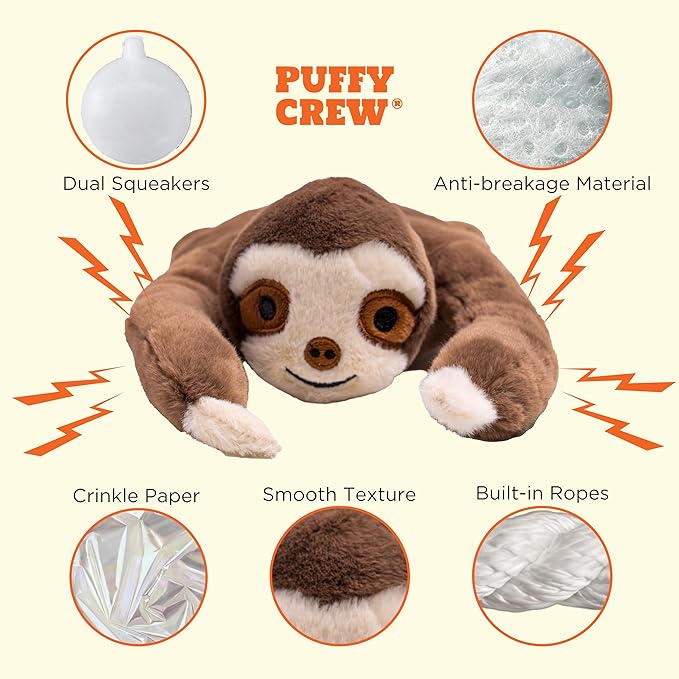 Squeaky Disk & Built-in Rope Dog Plush Toy, Bustling Safari Collection, 15", for Dogs of All Breeds (Sloth)