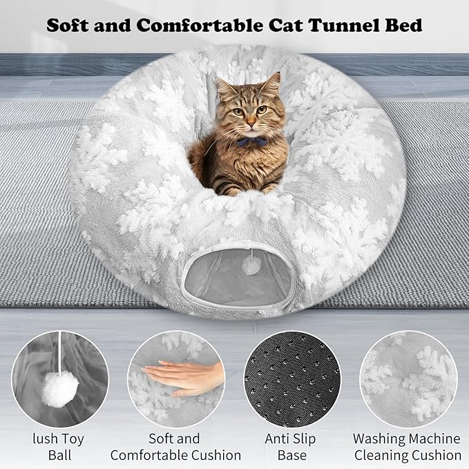 Cat Tunnel Bed for Indoor Cats, Cute Cat Donut Tunnel with Washable Circle Cushion, Under Christmas Tree Soft Plush Peekaboo Cat Cave Toy for Kitten, Puppy, Rabbit (Grey)