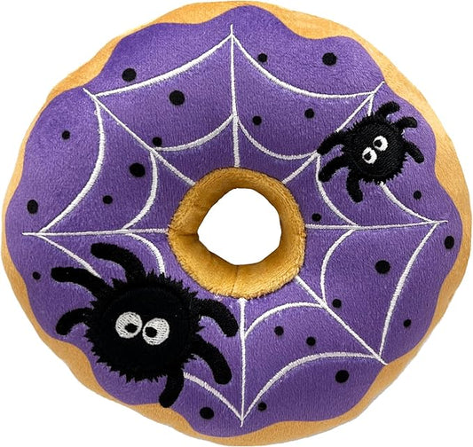 Huxley & Kent Halloween Funny Dog Toy w/Squeaker – Power Plush Squeaky Dog Toys for Small, Medium & Large Dogs – Soft Stuffed Animal for Indoor Play & Fetch - Spiderweb Donut, One Size