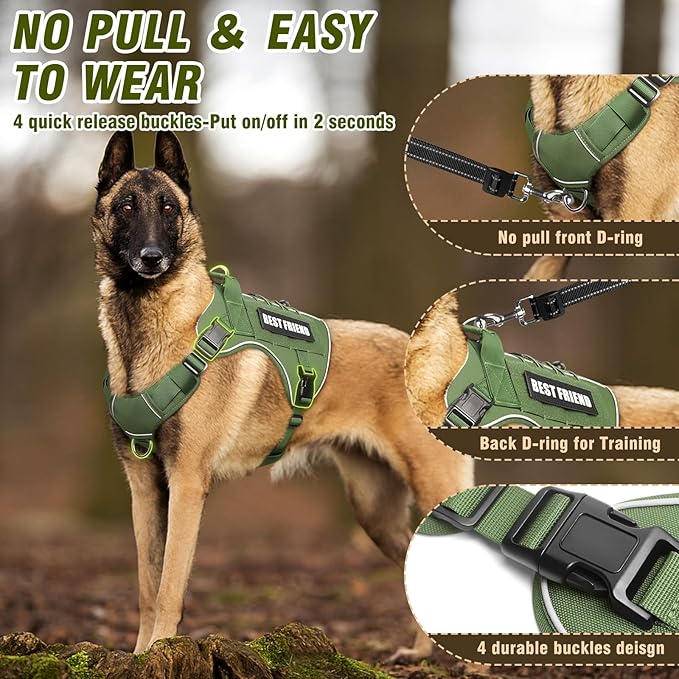 Tactical Dog Harness for Large Dogs,No Pull Military Dog Vest with Handle,Reflective Heavy Duty Pet Harness for Walking Hiking Training Green L