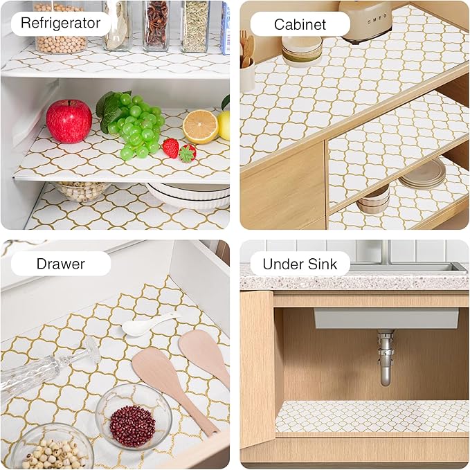 Shelf and Drawer Liner for Kitchen Cabinet-12 in x 30 FT Non-Adhesive Cabinet Liners for Shelves Non-Slip Waterproof Kitchen Drawer Liners Contact Paper Shelf Paper with Knife and Tape Measure