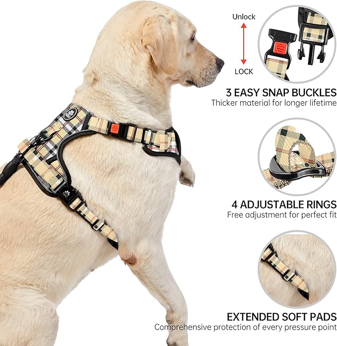 NESTROAD No Pull Dog Harness with Leash, Reflective No Choke Pet Vest Harness,Adjustable Soft Padded Dog Harness with Easy Control Handle for Small Dogs(Checkered Beige,Small)