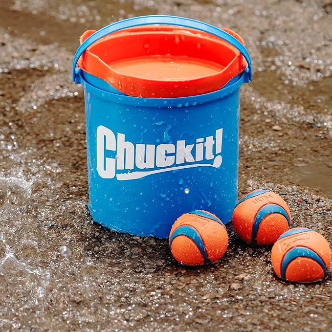 Chuckit! Ultra Ball Dog Toy with Chuckit! Cleaning Bucket Bundle, Bouncy Fetch Pet Toys For Dogs 20-60 lbs, Interactive Dog Toys, Durable Rubber, Size Medium, 2.5-inch Diameter, 8-Pack of Balls