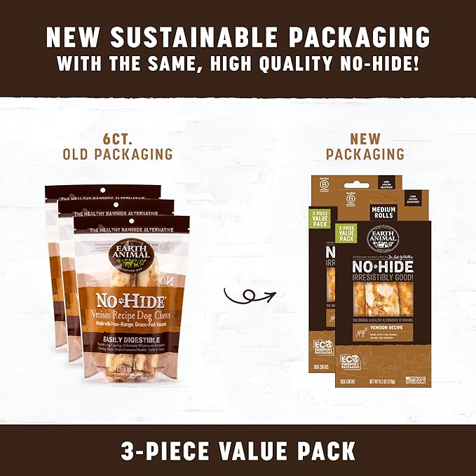 Earth Animal No-Hide Rolls Venison Recipe Medium Natural Rawhide Alternative Dog Chews - 3 Count Value Pack