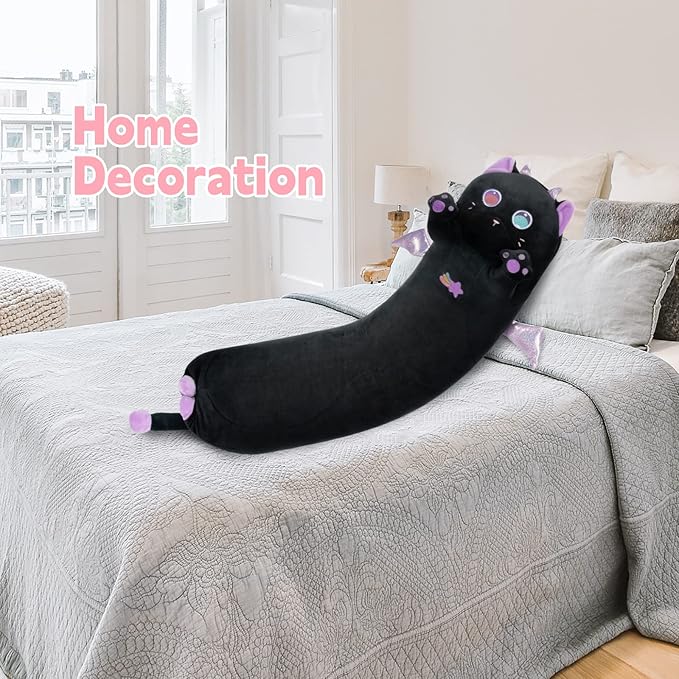 Long Cat Plush Body Pillow, 28” Cute Black Cat Stuffed Animals Soft Plushies, Kawaii Squishy Throw Pillow Doll Toy Gift for Kids Girls Boys