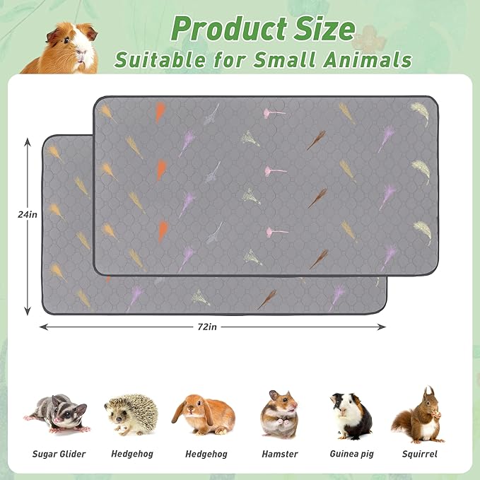 2Pcs Guinea Pig Cage Liners,Guinea Pig Fleece Cage Liners24''X72'' Super Absorbent Washable Pee Pads Reusable for Rabbit Hamster Chinchilla