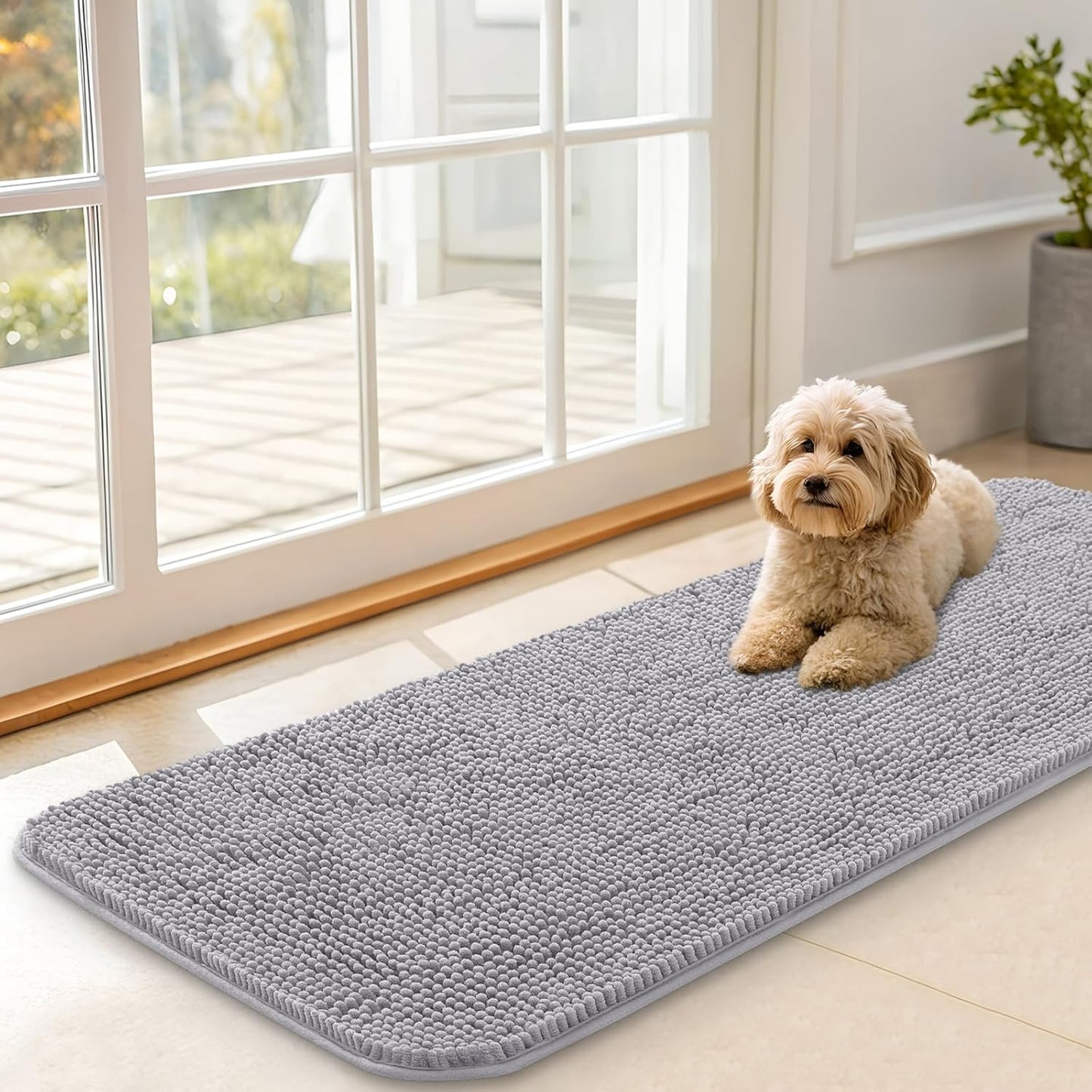 OLANLY Dog Door Mat for Muddy Paws 47x17, Absorbs Moisture and Dirt, Absorbent Non-Slip Washable Doormat, Quick Dry Chenille Mud Mat for Dogs, Entry Indoor Entryway Carpet for Inside Floor, Light Grey