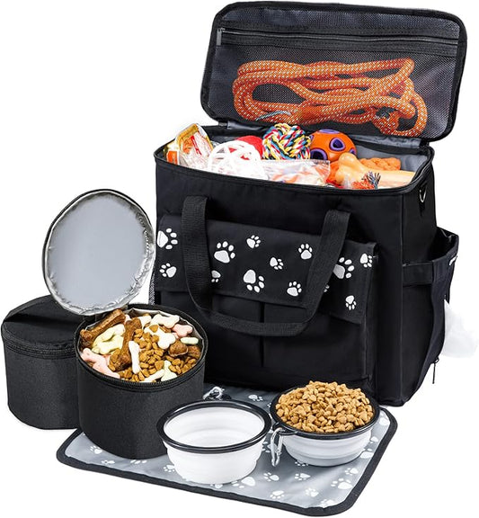 Dog Travel Bag, Airline Approved Dogs Bags for Traveling, 2 Dog 's Food Travel Container and Collapsible Bowls, Weekend Pet Travel Bags