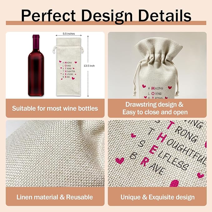 Mom Wine Gift Bag, Mom Gifts for Mom from Daughter Son, Gift for Mother Mama Mother-in-law, 1pcs Reusable Burlap Drawstring Wine Gift Bag for Wine Bottles, Mother's Day Holiday Party Favor -19