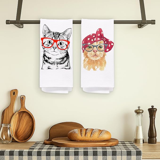 Cat Kitchen Towels Set of 2, Cat Lovers Mom Owners Gifts for Women Hand Towels for Bathroom Decor, Funny Kitty Decorative Dish Tea Towels for Kitchen Decor, 16x24 Inches