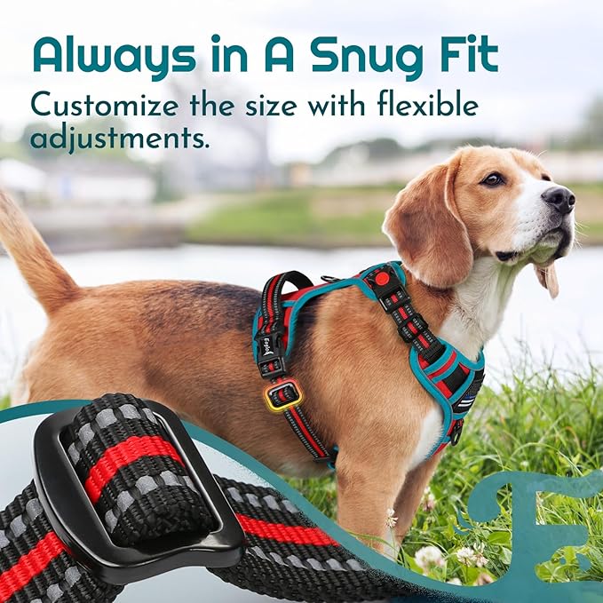 Eagloo Dog Harness for Large Dogs, Easy Wearing with 3 Buckles, Adjustable No Pull Pet Harness with 2 Rings for Walking, No Chock Reflective Soft Padded Vest with Control Handle, Red & Teal, XL