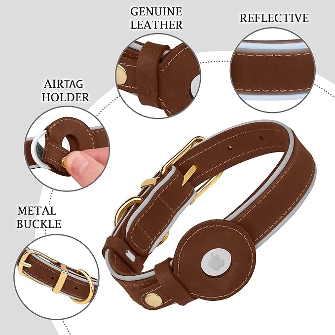OOPSDOGGY Reflective Geniune Leather Airtag Dog Collar Soft Padded Collars for Small Medium Large Breed Dogs Puppy, 4 Sizes, 7 Colors (Brown, Large, 15"-19")