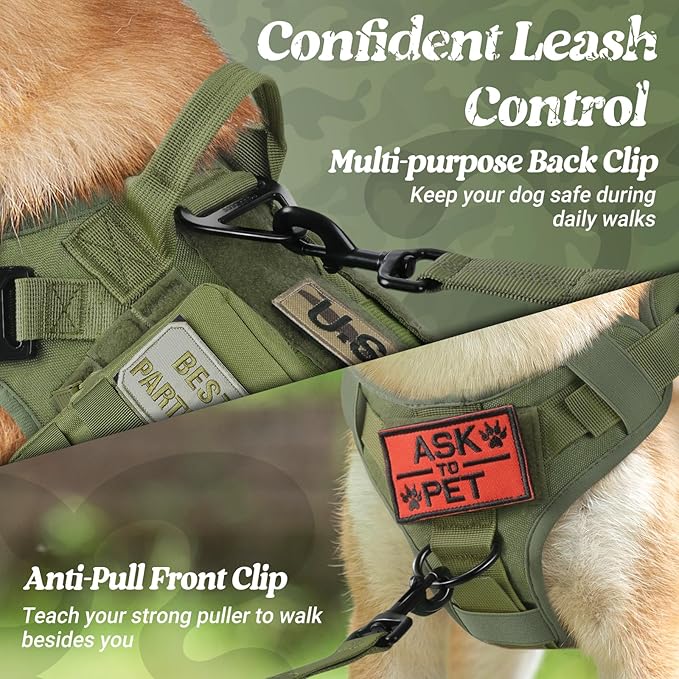 rabbitgoo Tactical Dog Harness for Large, Heavy Duty Pet Harness with Handle, No-Pull Service Vest Large Breed, Adjustable Military Dog Vest for Training Hunting Walking, Green, XL