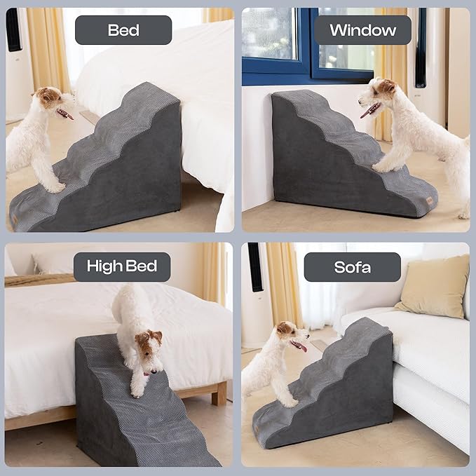 5-Step Curved Dog Stairs for High Beds Up to 30", Non-Slip Foam Pet Ramp for Large Dogs and Cats, Washable Cover, Soft Climbing Steps for Couch & Sofa