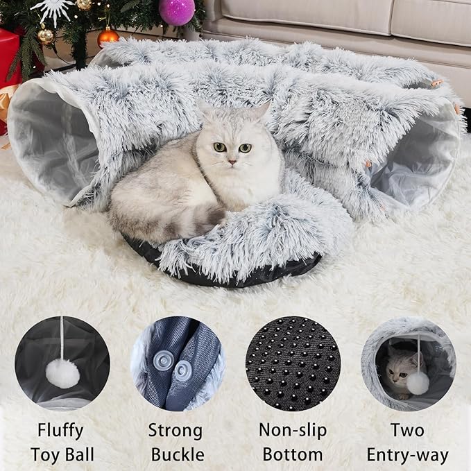 Cat Tunnel Bed for Indoor Cats, Under Christmas Tree Skirt, Donut Tunnel Toys for Multiple & Large Cats, Bed Cave Hideaway for Kitten, Rabbit, Puppy, Gray