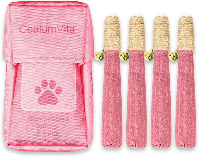 4 Pack Hand-Rolled Catnip Sticks with Chew Rope & Bell -Shaped Cat Toys for Indoor Cats and Kicker Toys, Teething Chew and Play Fun (Pink)