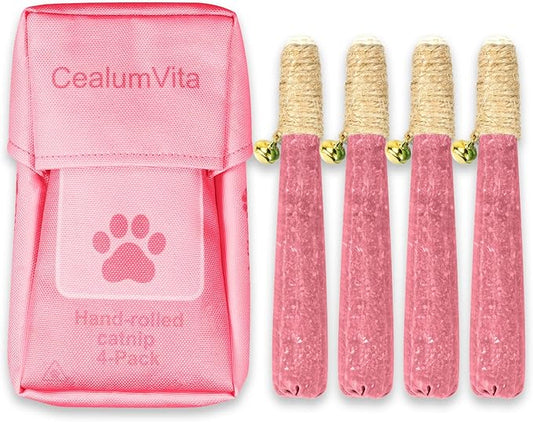 4 Pack Hand-Rolled Catnip Sticks with Chew Rope & Bell -Shaped Cat Toys for Indoor Cats and Kicker Toys, Teething Chew and Play Fun (Pink)