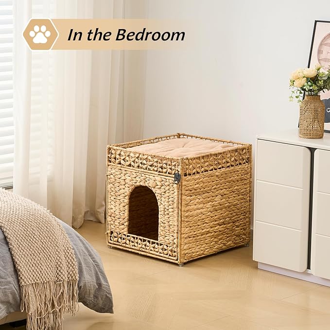 Cat House, Natural Cat Cave Pet Cube, Handwoven Cat Beds Indoor Cat Hideaway with Bed Mats, Double-Layer Design, for Multi Small Pet in Living Room Bedroom