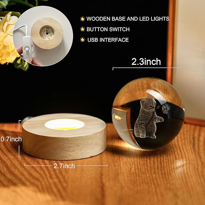 YU FENG 3D Carved Cat Crystal Ball with Warm White Light Base 2.36 Inch