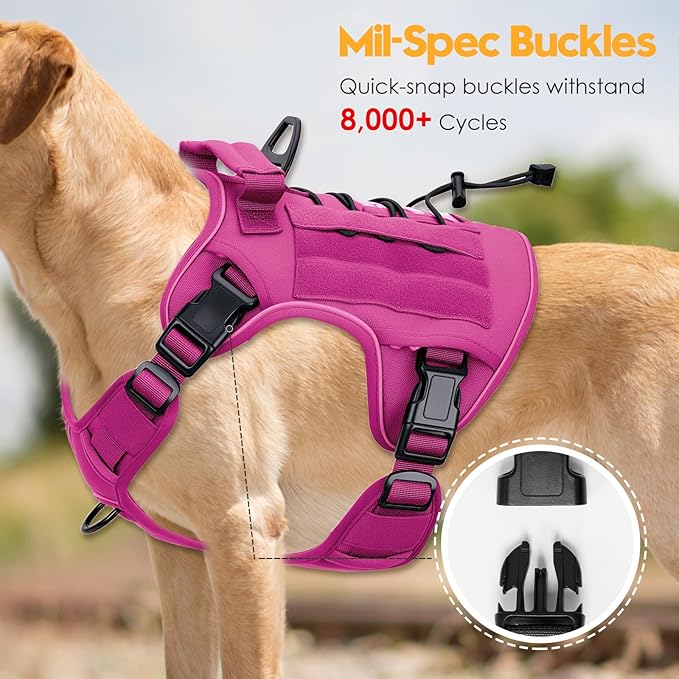 Heavy-Duty Tactical Dog Harness for Large Dogs, No Pull Adjustable Reflective Pet Vest with Molle System, K9 Military-Grade Control for Service Training, Outdoor & 10+ Breeds, Pink, Large