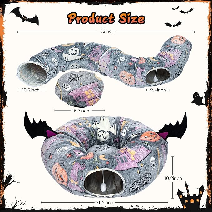 Tidjani Halloween Cat Tunnel Bed, Cat Tunnels for Indoor Cats with Bat Wings, Foldable Pet Donut Bed with Middle Mat and Dangling Balls, Pet Play Toy with Ghost, Spider Web Pattern Decorations
