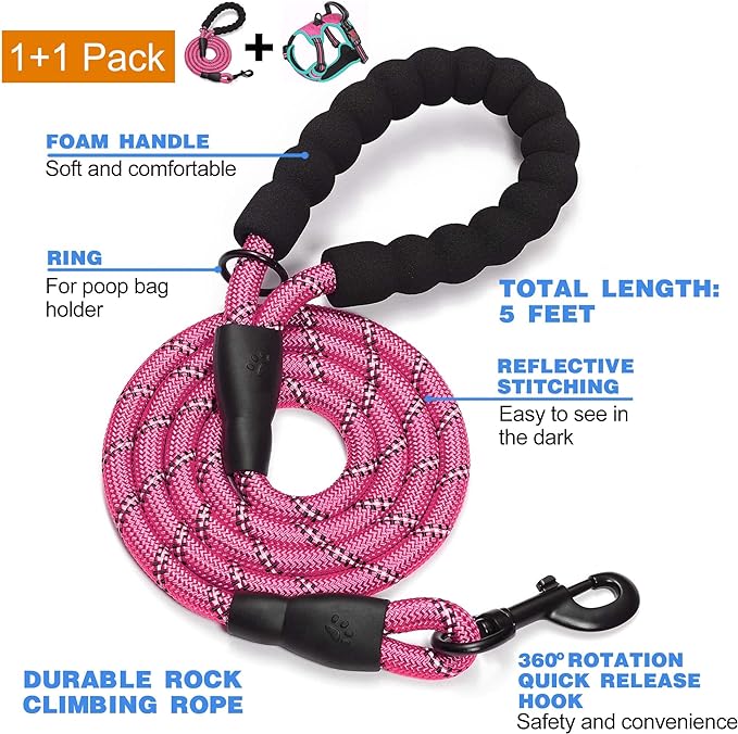 No Pull Dog Harness Adjustable Reflective Oxford Easy Control Medium Large Dog Harness with A Free Heavy Duty 5ft Dog Leash (S (Neck: 14"-17", Chest: 18.5"-20"), Pink/Blue Harness+Leash)
