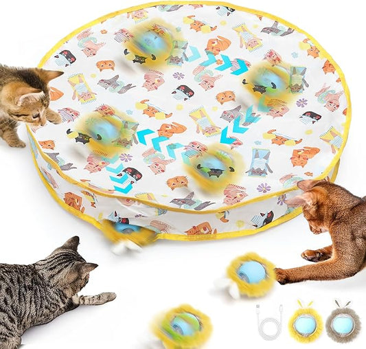 Interactive Cat Toy Ball, Automatic Moving Cat Ball in Pouch,Interactive Cat Toys for Indoor Cats,Motion Activate Cat Toy Hide and Seek Mouse Catching Game , Play Mat for Cats (Round-Yellow)