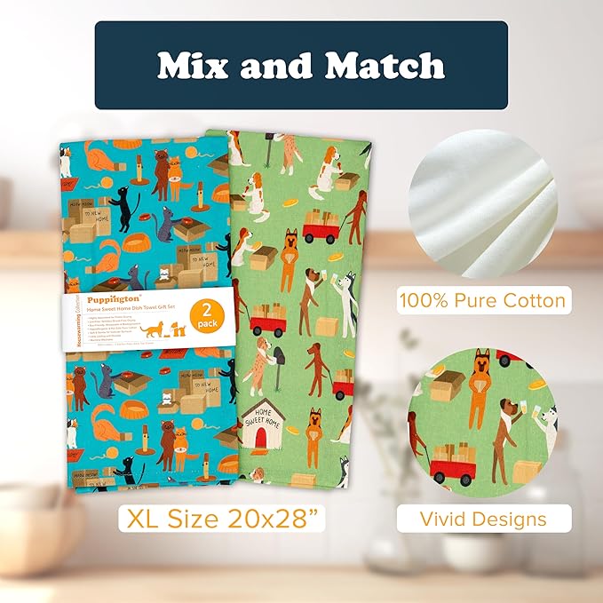 Dog and Cat Kitchen Towels - Dog and Cat Dish Towels for New Home Decorations - Gifts for Dog Moms and Cat Dads (Home Sweet Home)