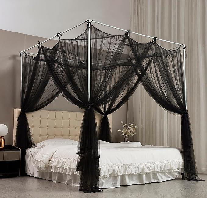 Mengersi Canopy Bed Curtains Bed Canopy with Lights for Girls, Bed Netting Unique Style 4 Door Mosquito Net for Adults Women Bedroom (Black+Lights, Twin/Twin XL)