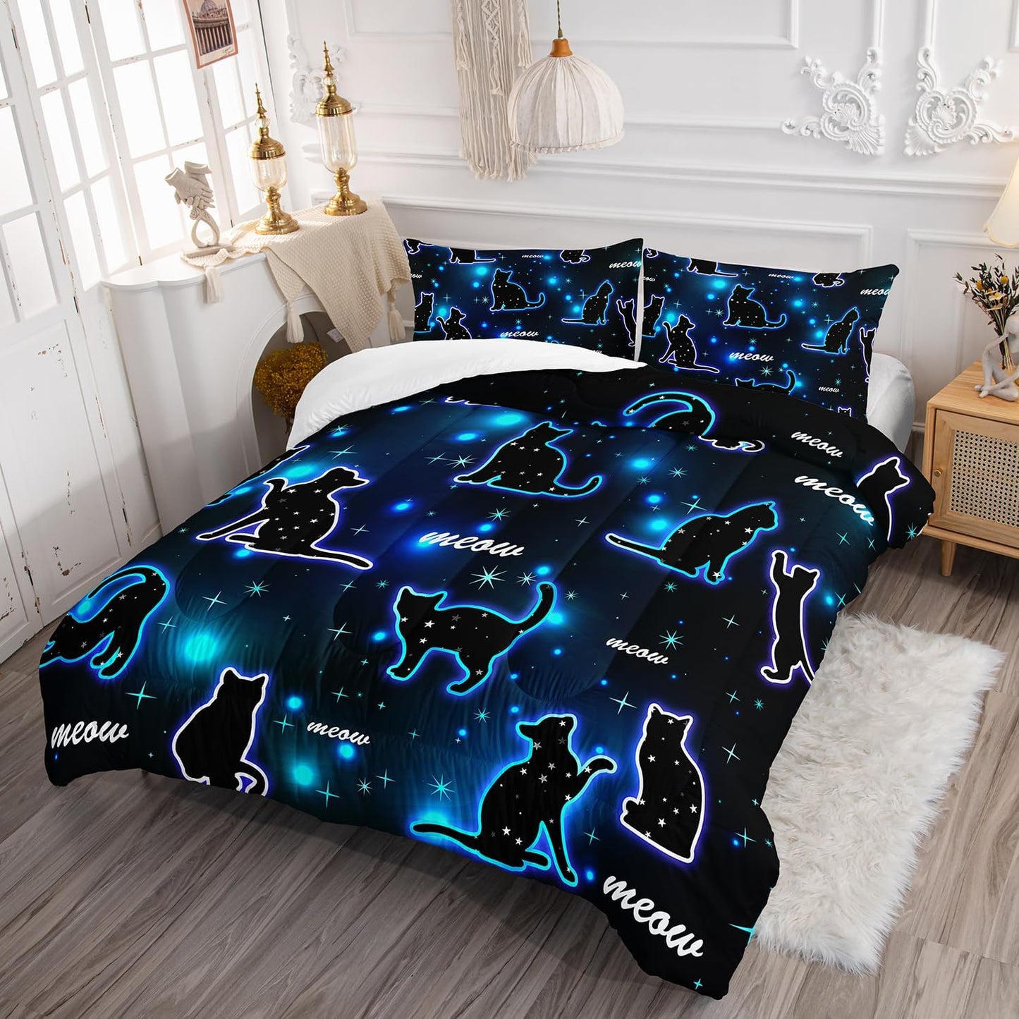 Kawaii Pet Cat Comforter 3Pcs Twin Gradient Line Cute Kitten Animal Bedding Set for Kids Teens Girls Boys Cat Glitter Polka Dots Pattern Quilt Bed Decor with 1 Comforter and 2 Pillowcases