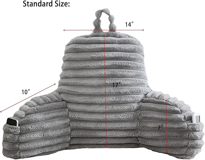 WERDIM Reading Pillow for Sitting in Bed, Faux Fur Back Pillow for Bed Rest, Bed Chair Pillow with Arms and Pockets(Standard, Grey)