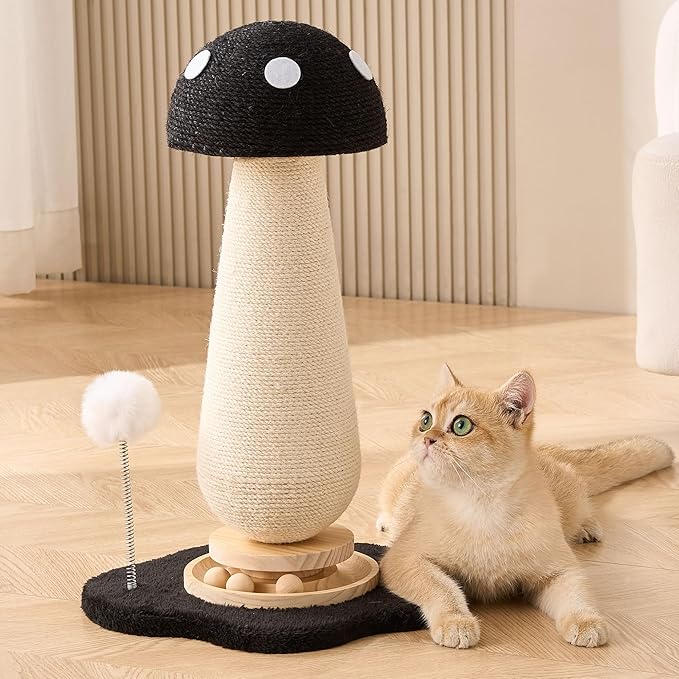Mushroom Cat Scratching Post Cat Tree, 21.5‘’ H Cute Cat Scratcher Tower with Durable Solid Wood Turntable Toy, Solid Black Mushroom Scratch Post Cat Sisal Scratcher with Catnip for Indoor Cats