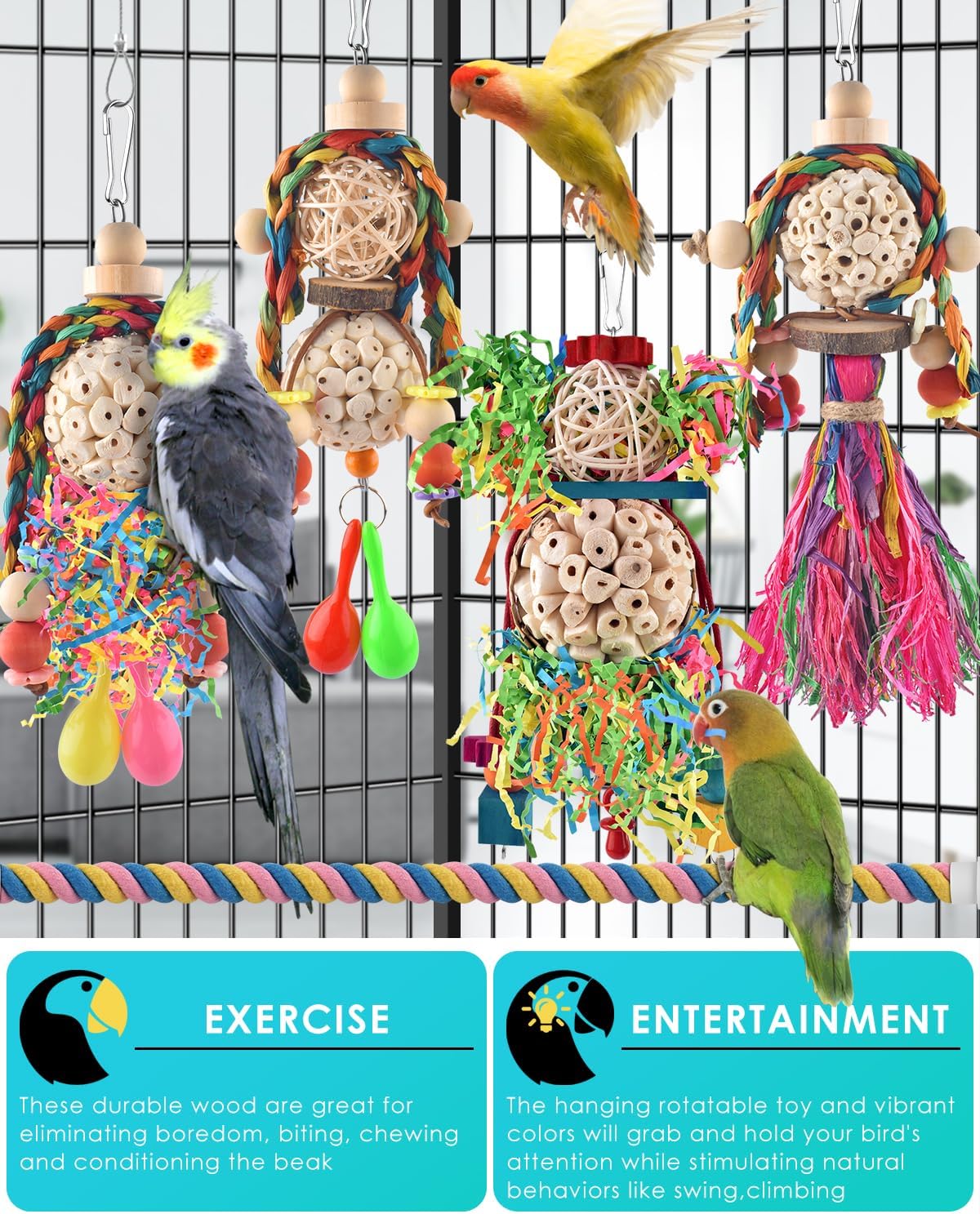 Bissap Conure Toys, 5 PCS Bird Foraging Shredder Hanging Swing Rope Perch Toys Sola Balls with Sand Hammer for Small Parrots Parakeets Conures Cockatiels Love Birds Cage Toy
