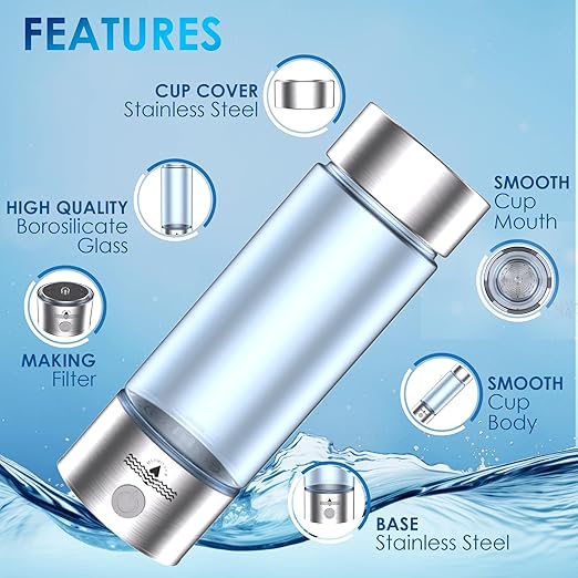 Hydrogen Water Bottle 2024, Hydrogen Water Bottle Generator with SPE PEM Technology Water Ionizer, Three Minute Rapid Electrolysis (White)