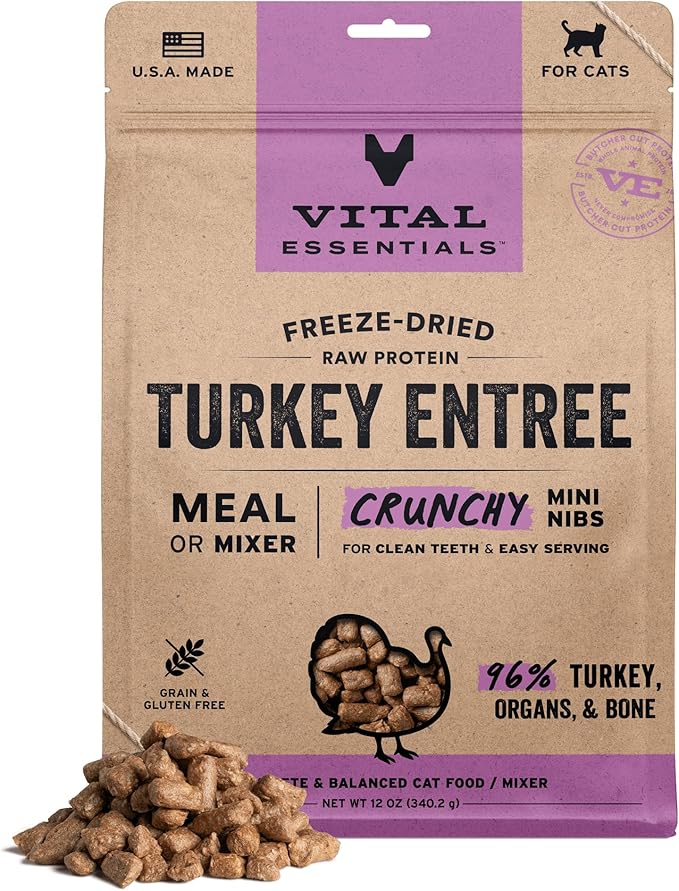 Vital Essentials Freeze-Dried Raw Turkey Meal or Mixer Cat Food Crunchy Nibs, 12 oz