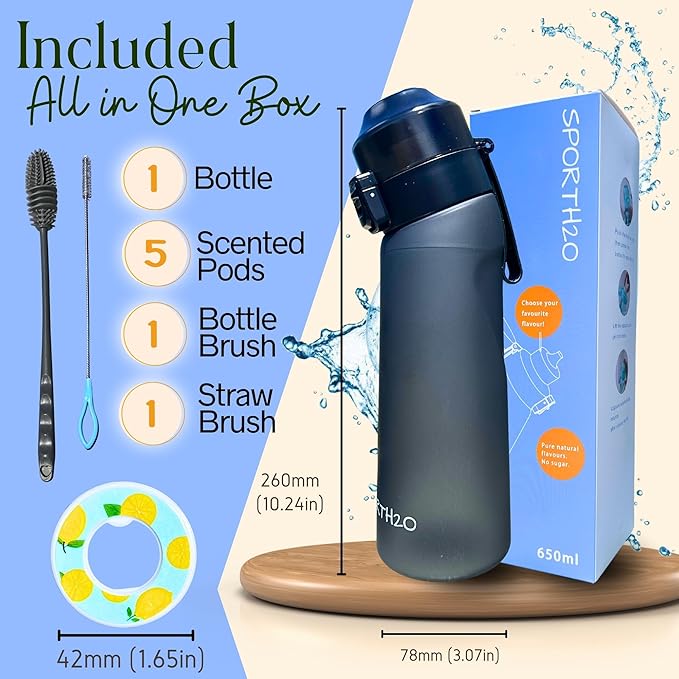 Air Water Bottle 650ml – Water Bottle With 5 Scented Pods, 0% Sugar BPA Free Cup with Bottle & Straw Brushes | Suitable for Outdoor | Sports | Gift Idea (New Black + 5 Pods)