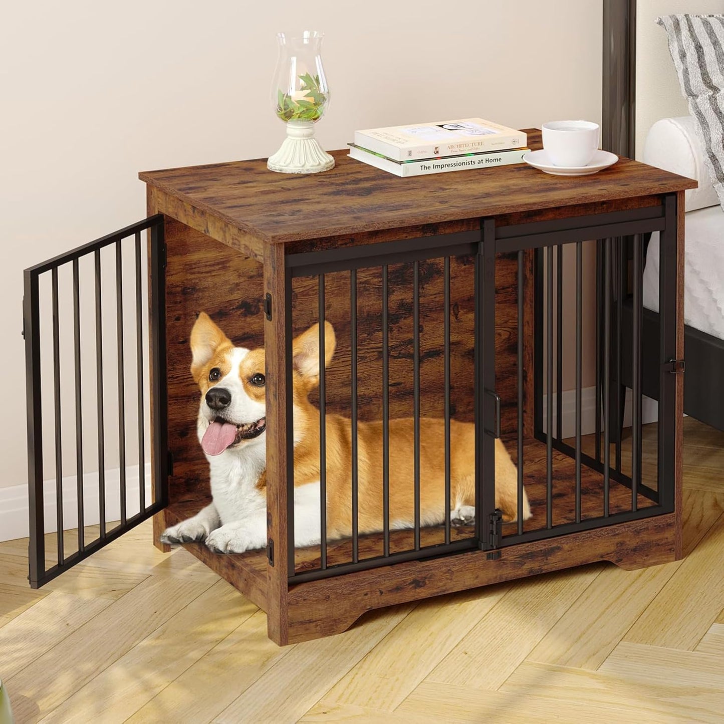 31.9" Dog Crate Furniture with Barn Door, Heavy Duty Dog Kennel Indoor with 2 Doors, Wooden Pet Cage End Table for Small Medium Dogs up to 44 lb, Anti-Chew Anti-Escape, Rustic Brown DFC83601B