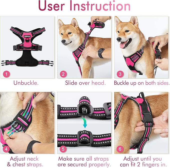 rabbitgoo Dog Harness No Pull with 2 Leash Clips, Adjustable Soft Padded, Reflective Oxford No Choke Pet Vest with Easy Control Handle for Large Dogs, Hot Pink, XL