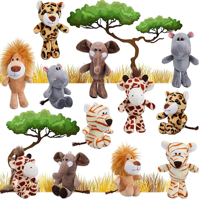 Sumind 12 Pieces Mini Stuffed Forest Animals Jungle Animal Plush Toys 4.8 Inch Cute Elephant Lion Giraffe Tiger Plush for Animal Themed Parties Achievement(Standing)