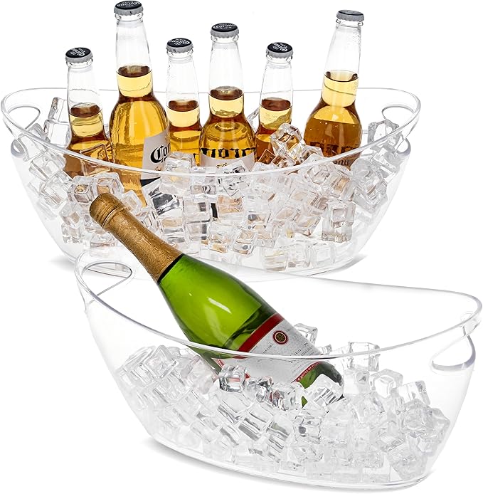 Ice Bucket for Champagne - 2 Pack Plastic Ice Buckets for Parties - 5.5L Oval Transparent Bridal Beverage Tub Cooler Catering Bar Accessories for Wine, Beer, Liquor, Spirits and Seltzers