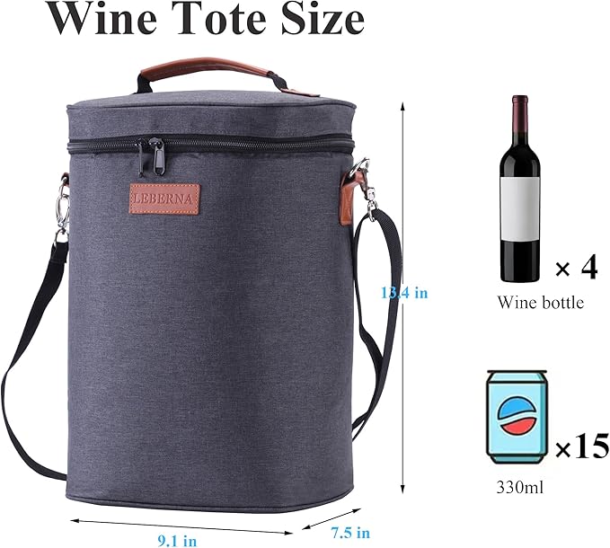 4 Bottle Wine Gift Carrier - Travel Padded Insulated Wine Cooler Bag with Handle and Adjustable Shoulder Strap, Great Wine Lover Gift