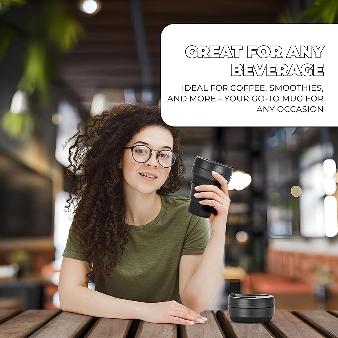 HYDRATE Collapsible Cups for Traveling - 13.5oz Black Reusable Cup, Microwave & Dishwasher Safe - Enjoy Hot or Cold Beverages Anywhere, Anytime with this Convenient, Travel Coffee or Tea Mug with Lid