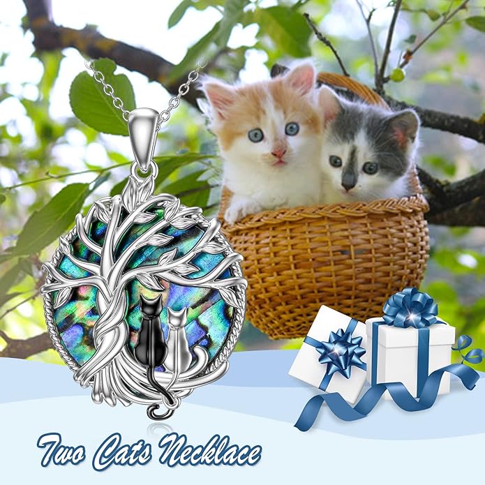 TOUPOP Cat Gifts for Cat Lovers Sterling Silver Cute Cat Tree of Life Pendant Necklace with Blue Circle Crystal Birthday Christmas Jewelry Gifts for Women